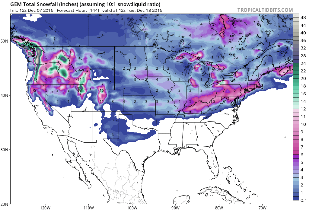 GEM model showing big snow forecast across the west next 6 days. image: tropicaltidbits.com