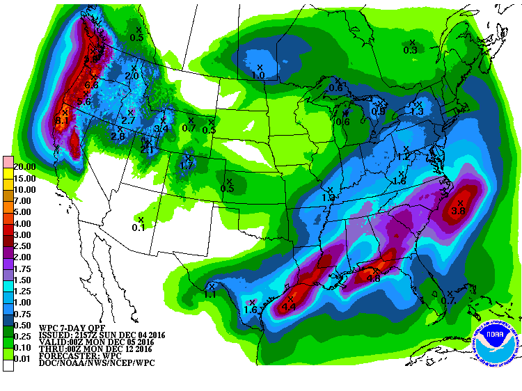 Big precip numbers forecast for California next 7 days. image: noaa, today