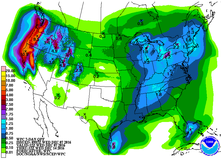 Big precip coming to the western USA with some places forecast to see over 10" of liquid next 7 days. image: noaa, today
