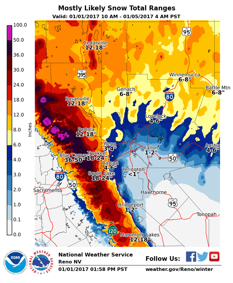 Big snow forecast in CA next 5 days. image: noaa, today