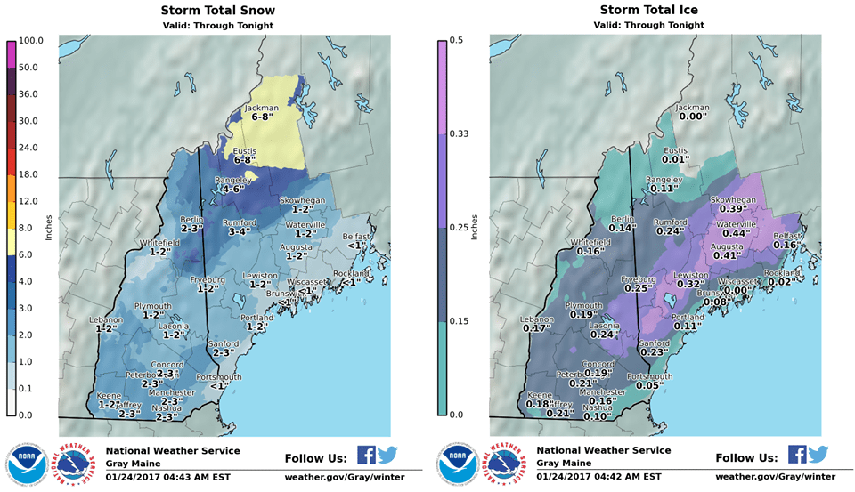 Maine and New Hampshire right in the mix of it! Source; US National Weather Service Grey Maine