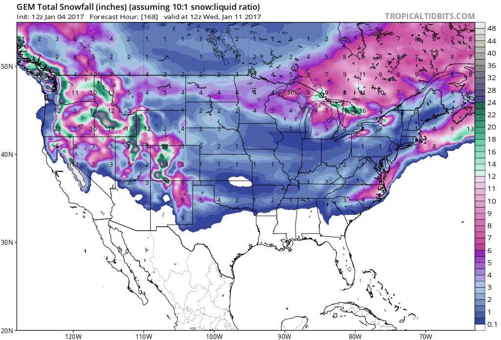 7 day snowfall totals are looking mighty FINE! Image: Tropical Tidbits