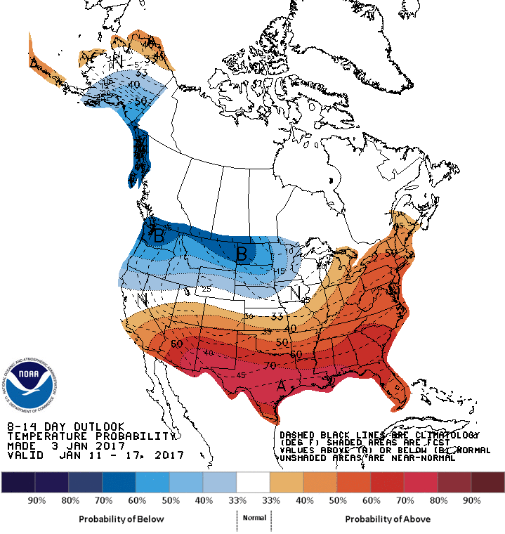 Some warmer temperatures are headed for California in the 8-14 day outlook. Image: NOAA Today