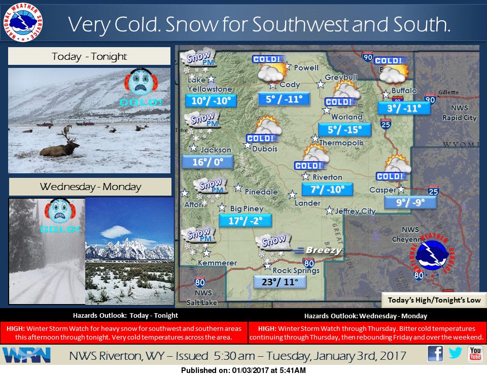 Snow and cold temperatures in Wyoming today. Image: NOAA Riverton, WY