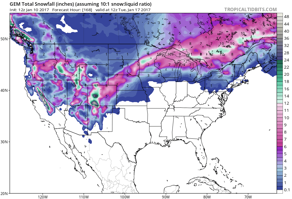7 Day snowfall totals are looking GOOD for the West. Image: Tropical Tidbits