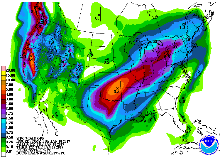 Look to CA for huge precipitation amounts throughout the next 7 days. Image: NOAA Today