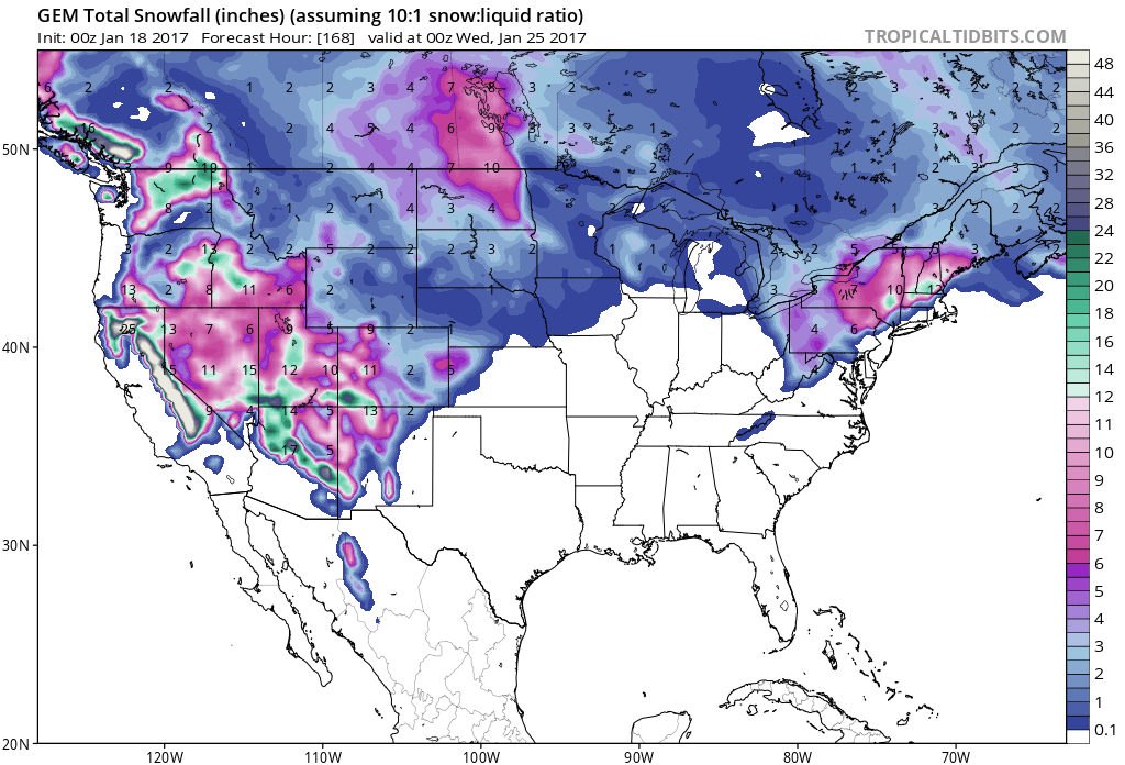 Huge snowfall totals over the next 7 days. Image: Tropical Tidbits
