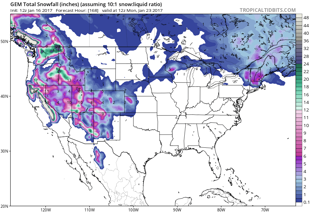 7 day snowfall totals are looking good for CA. Image: Tropical Tidbits