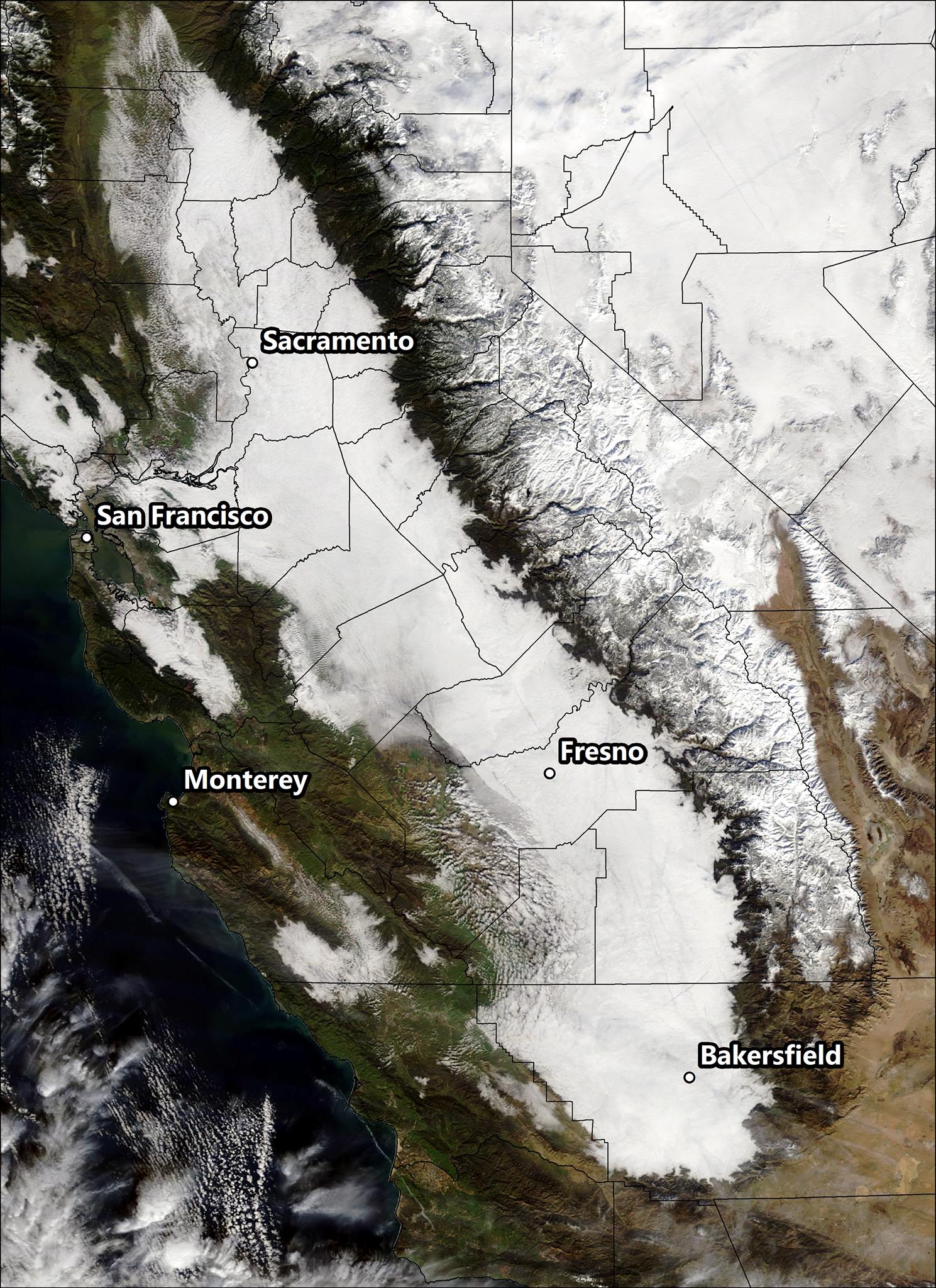 California snow coverage map. Image: NOAA Hanford, CA Yesterday