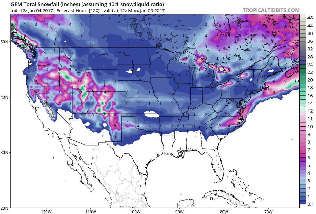 Snowfall forecast over the next 5 days. Image: Tropical Tidbits