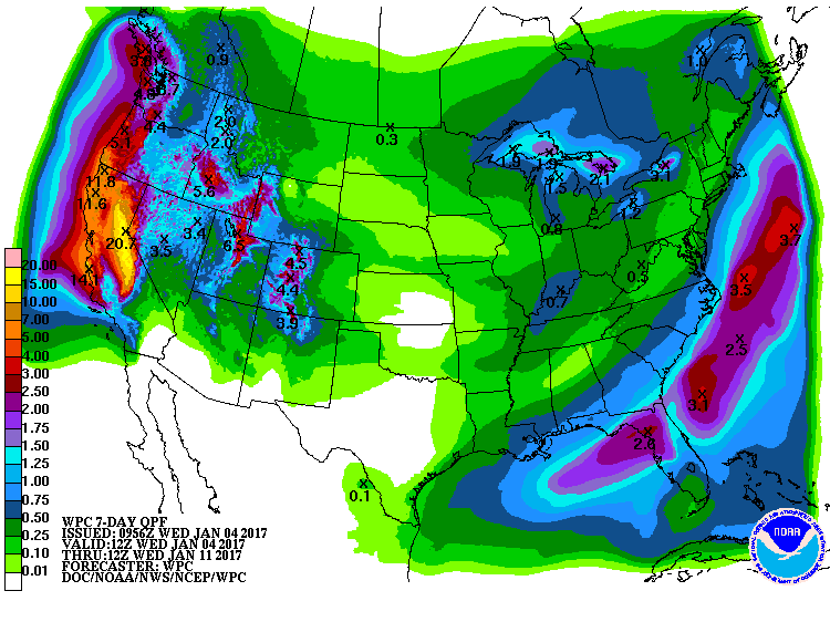 MASSIVE precipitation totals for California over the next 7 days. Image: NOAA