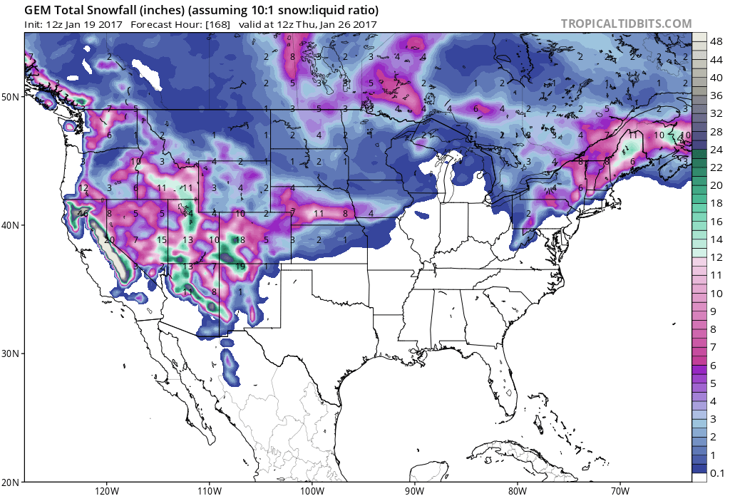 Large Snowfall totals are expected throughout Colorado over the next 7 days. Image: Tropical Tidbits