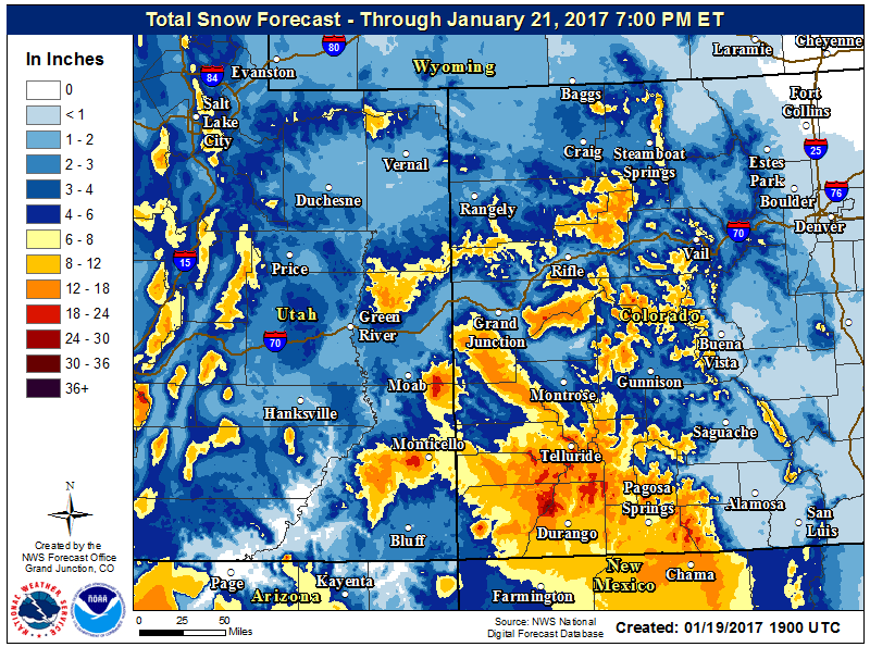 Snowfall totals through Saturday. Image: NOAA Grand Junction, CO Today