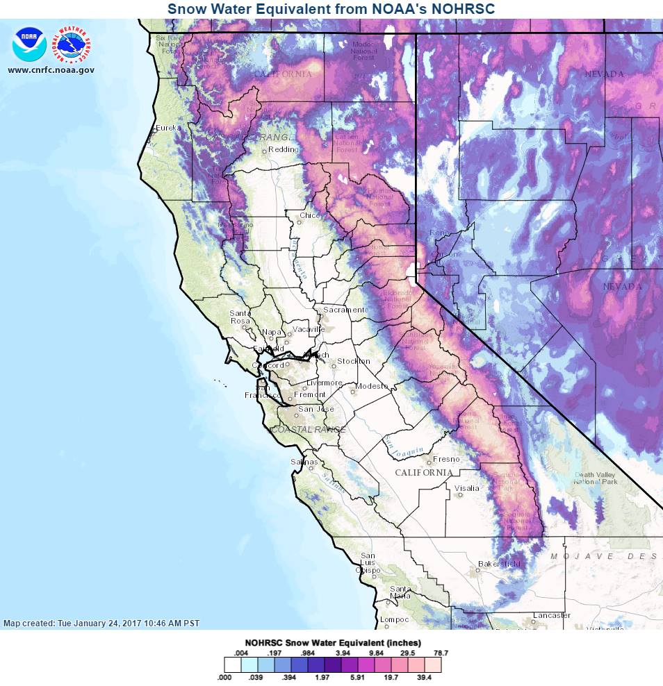 Statewide Snow Water Content Map. Image: NOAA California Nevada River Center
