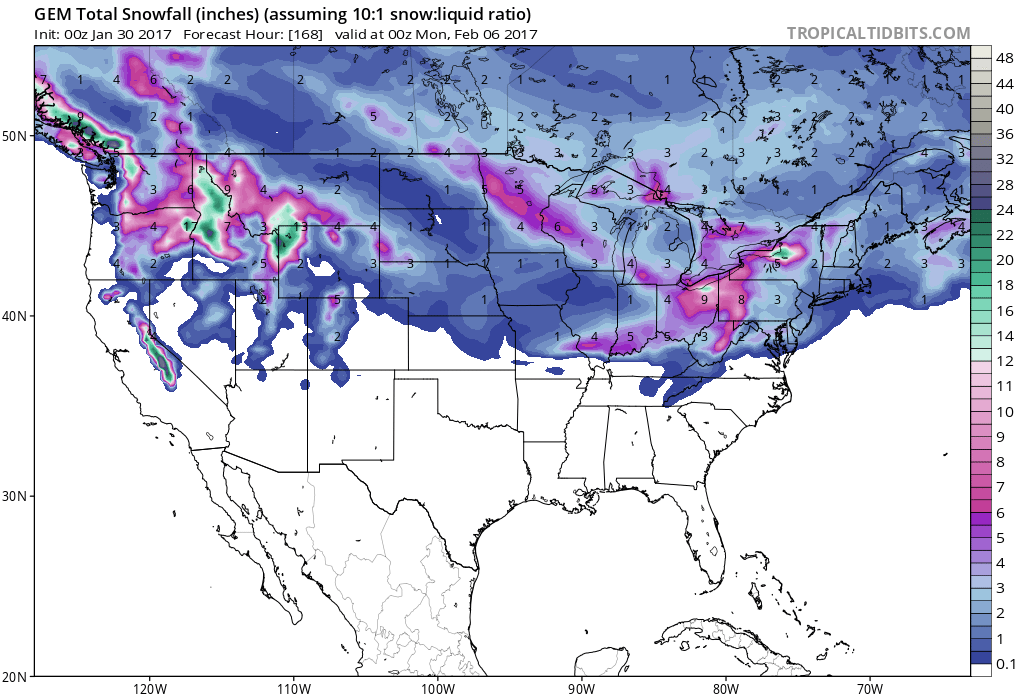 7-day snowfall totals are looking good for the Eastern Sierra. Image: Tropical Tidbits