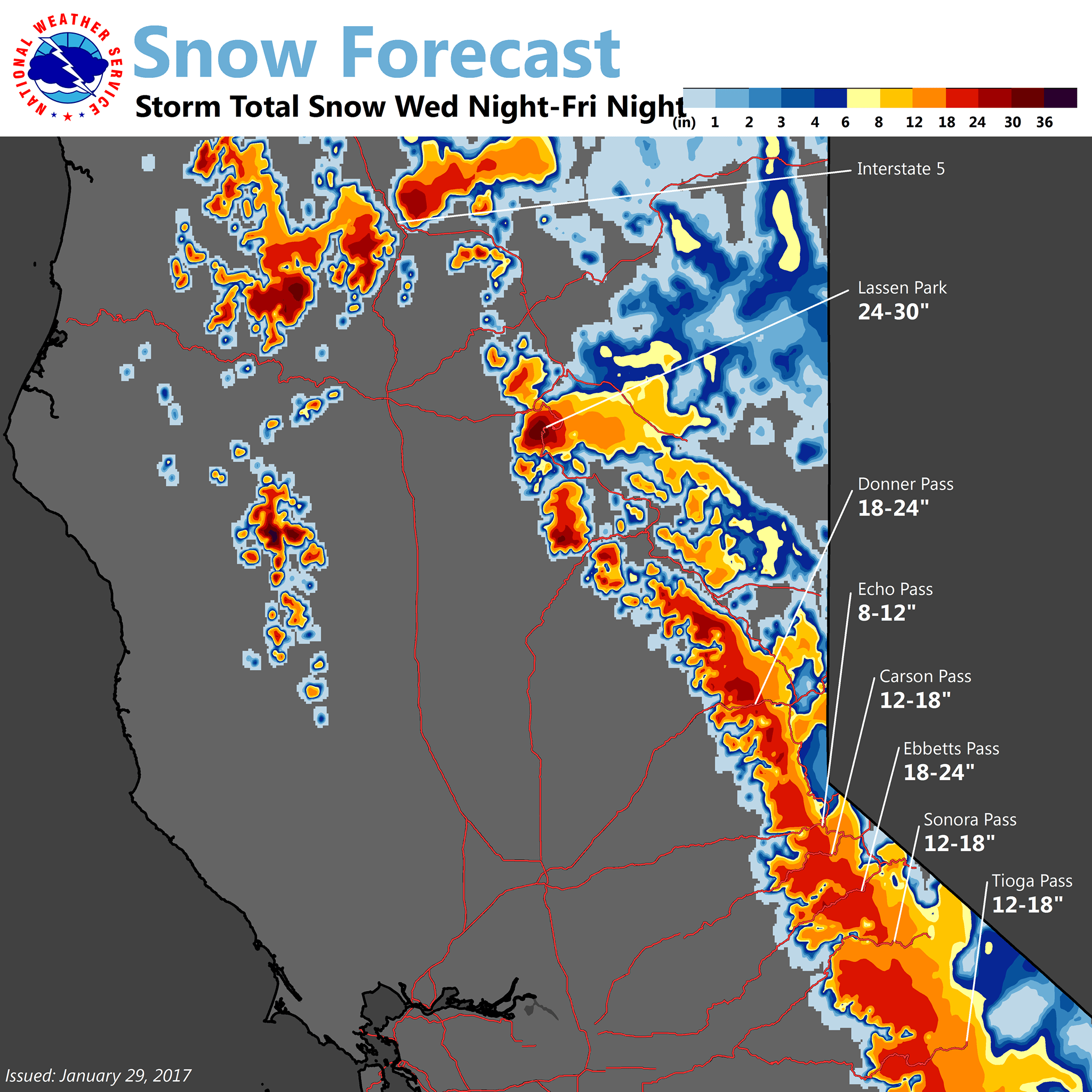 California snowfall totals Wednesday-Friday. Image: NOAA Sacramento, CA Yesterday