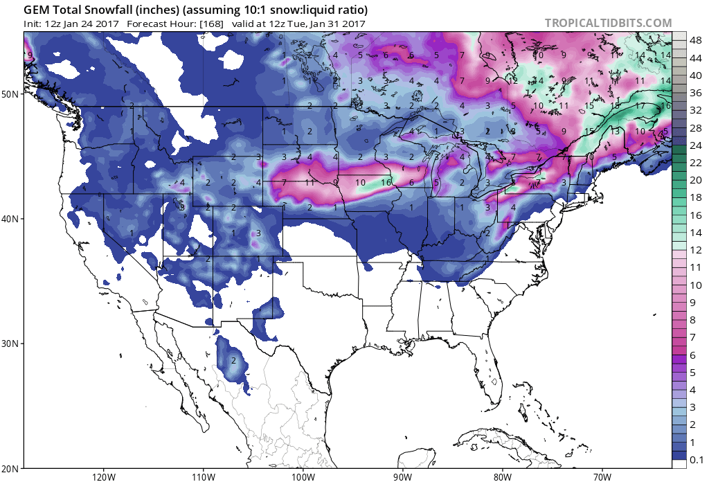 7 day snowfall totals for the United States. Image: Tropical Tidbits