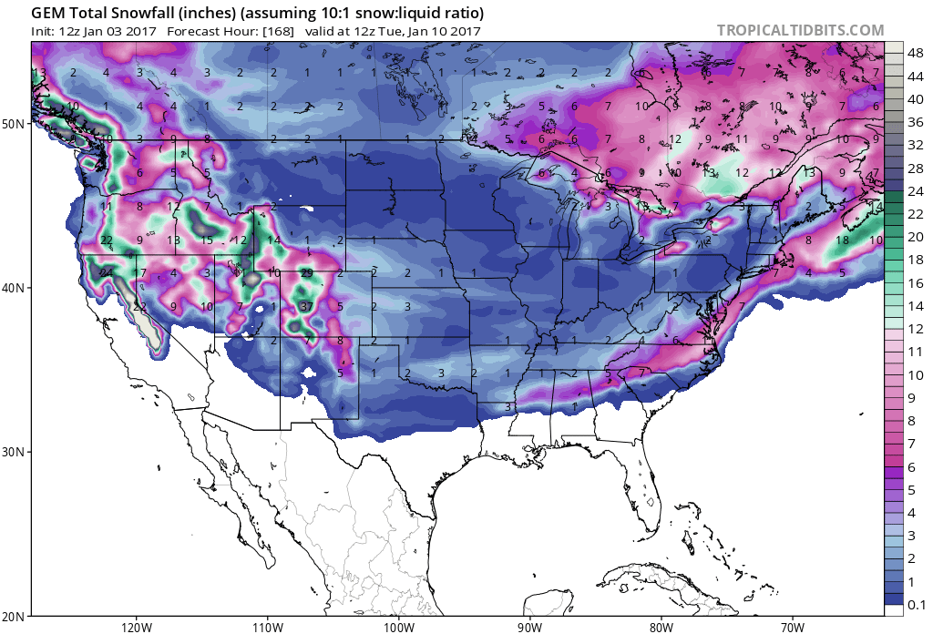 GFS forecast showing substantial snow totals over the next 7 days! Image: Tropical Tidbits                          