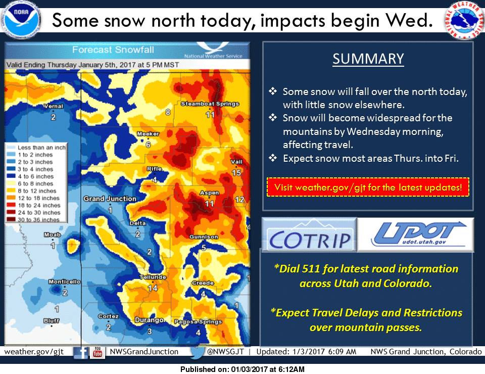 Expected impacts of the storm today. Image: NOAA Grand Junction, CO Today