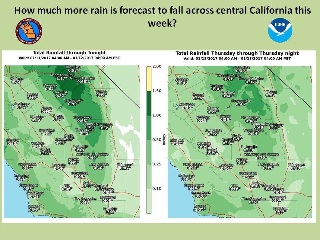Additional rainfall through Thursday. Image: NOAA Hanford, CA Today