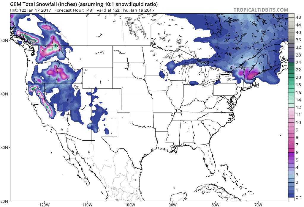 48 hour snowfall totals for the east are looking good. Image: Tropical Tidbits