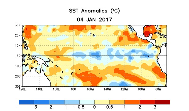 Figure 1. Average sea surface temperature (SST) anomalies (°C) for the week centered on 4 January 2017.  Anomalies are computed with respect to the 1981-2010 base period weekly means.