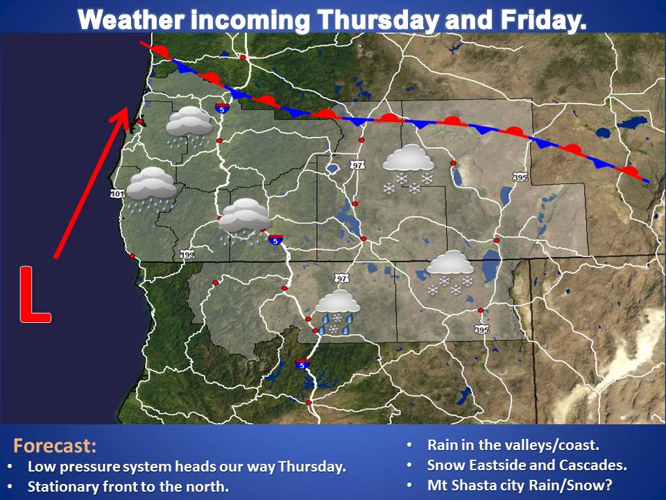 More snow expect for Oregon Thursday-Friday. Image: NOAA Medford, OR