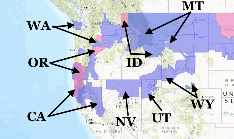 Snow all over the Western USA next two days. PINK = Winter Storm Warning. PURPLE = Winter Weather Advisory. image: noaa, today