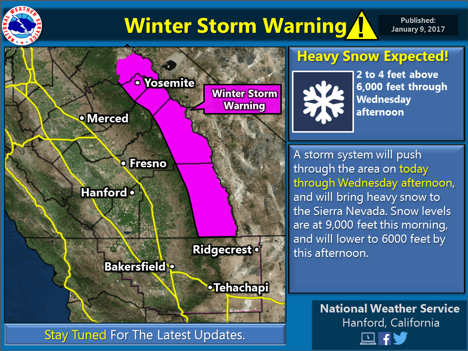 Winter Storm Warnings throughout the Eastern Sierras as well. Image: NOAA Hanford, CA Today