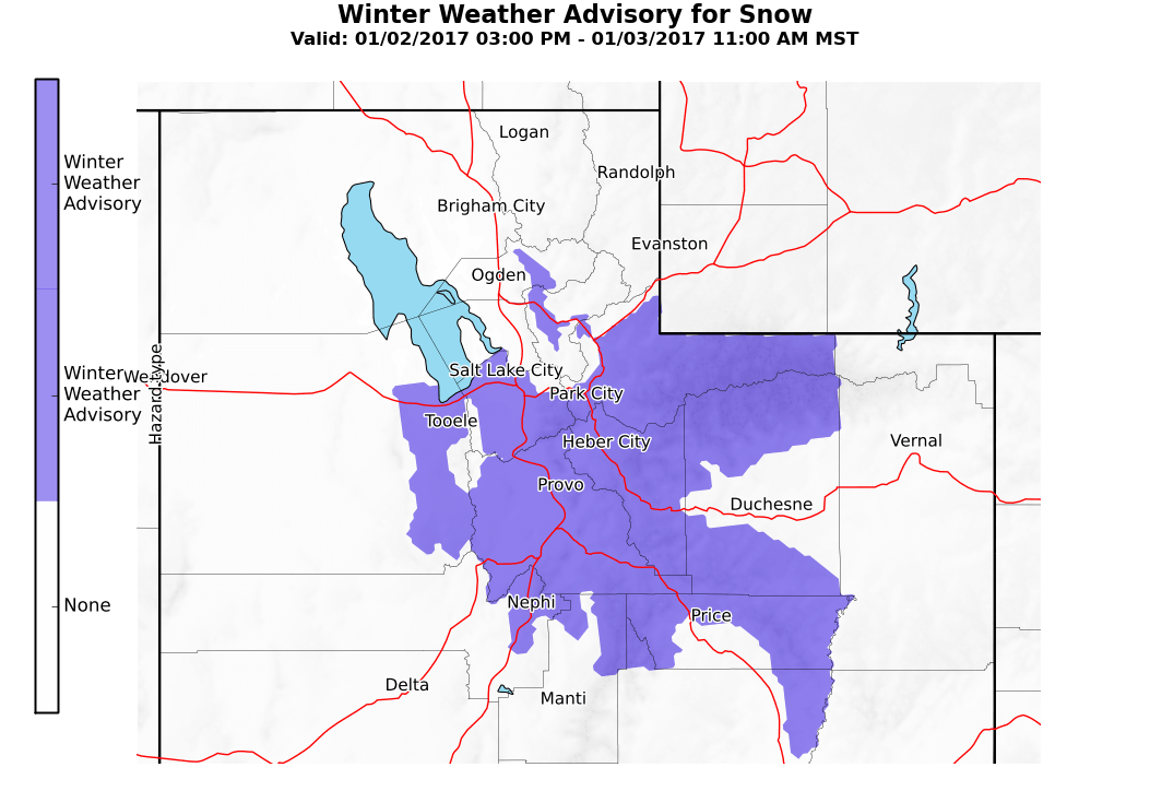 Winter Weather Advisory in place this morning. Image: NOAA Salt Lake City, UT 