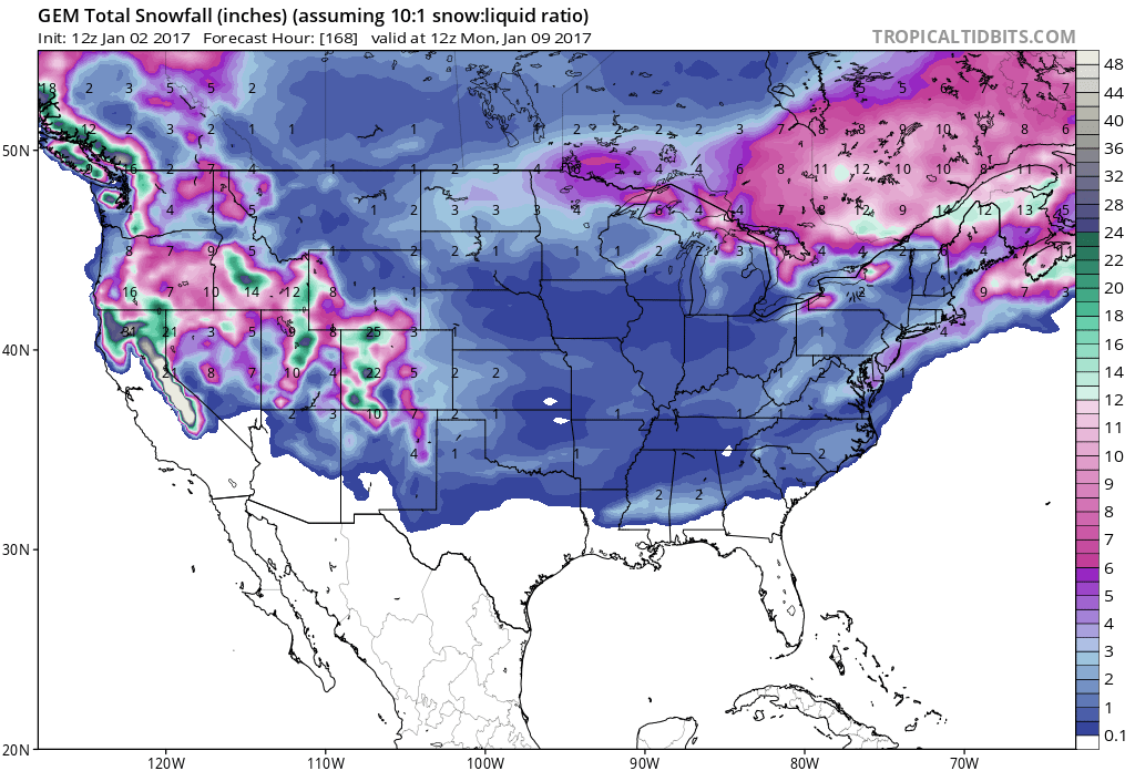 GFS forecast showing substantial snow totals over the next 7 days. Image: Tropical Tidbits   