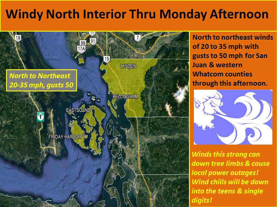 Storng winds with light snowfall expected today. Image: NOAA Seattle, WA Today