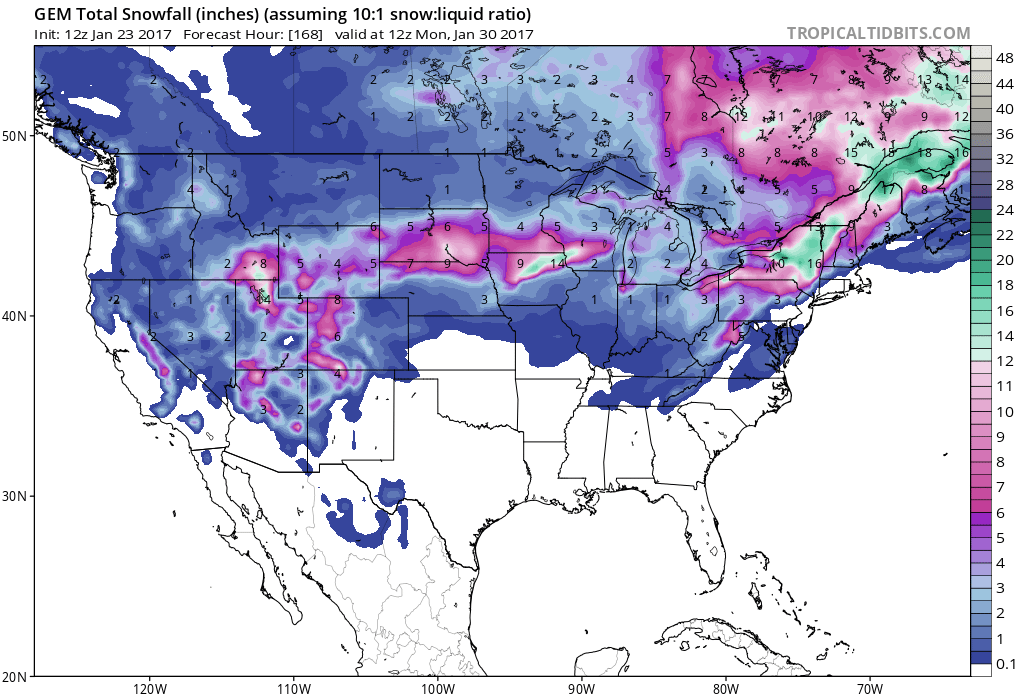 7 day snowfall totals for the West. Image: Tropical Tidbits
