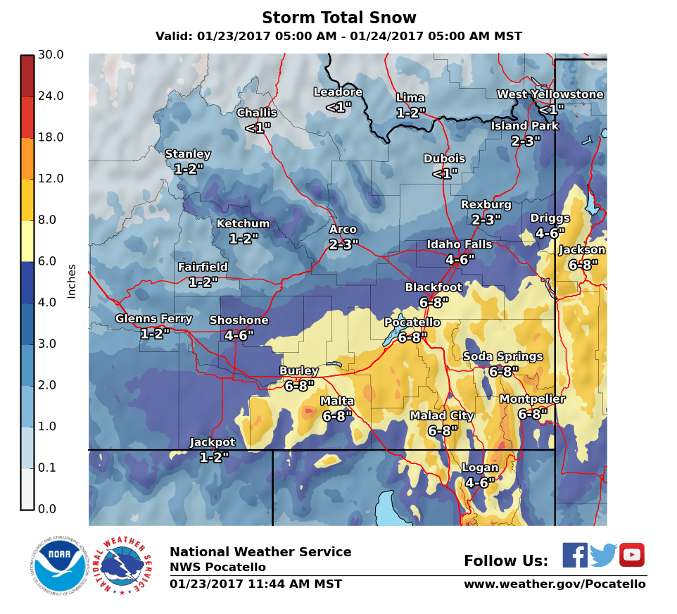 Snowfall totals for Idaho through Tuesday morning. Image: NOAA Pocatello, ID Today