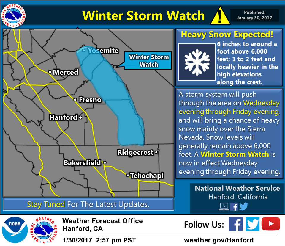 CA Winter Storm Watch and storm expectations. Image: NOAA Hanford, CA