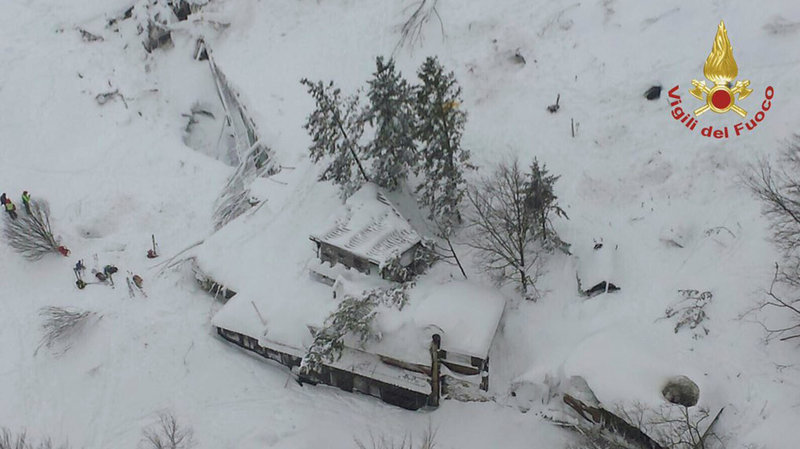 The Rigopiano Hote, was hit by an avalanche in Farindola, Italy, after earthquakes struck the region on Wednesday. Photo from today. Italian Firefighters/AP