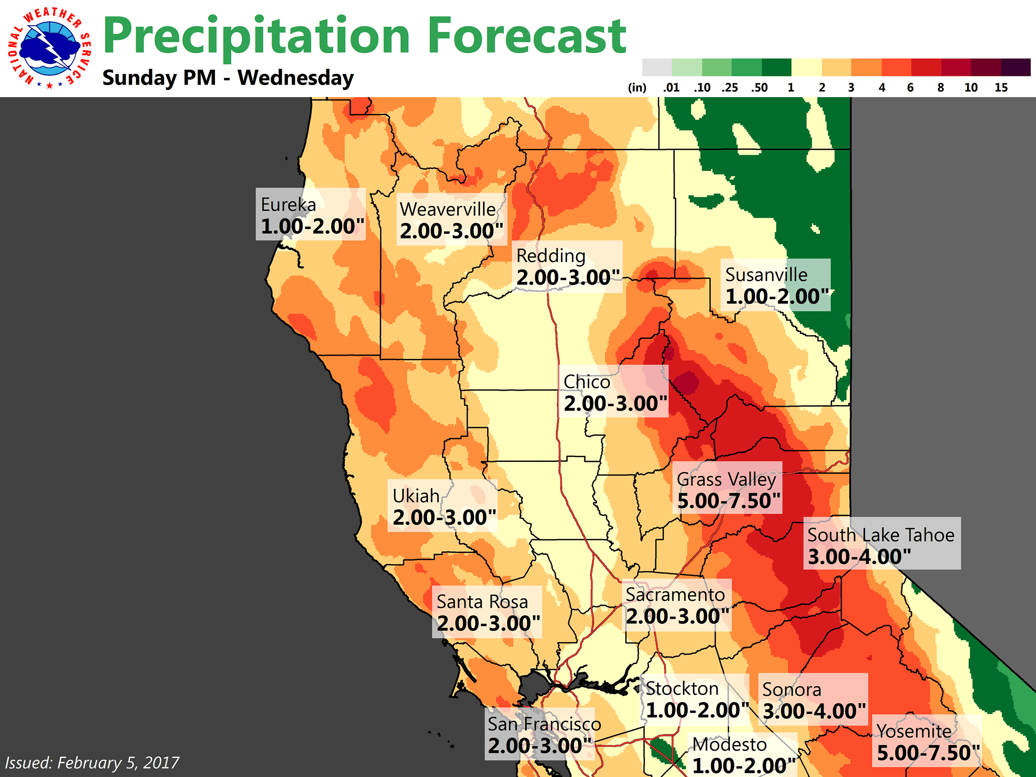 Precipitation expectations today-Wednesday. Image: NOAA Sacramento, CA