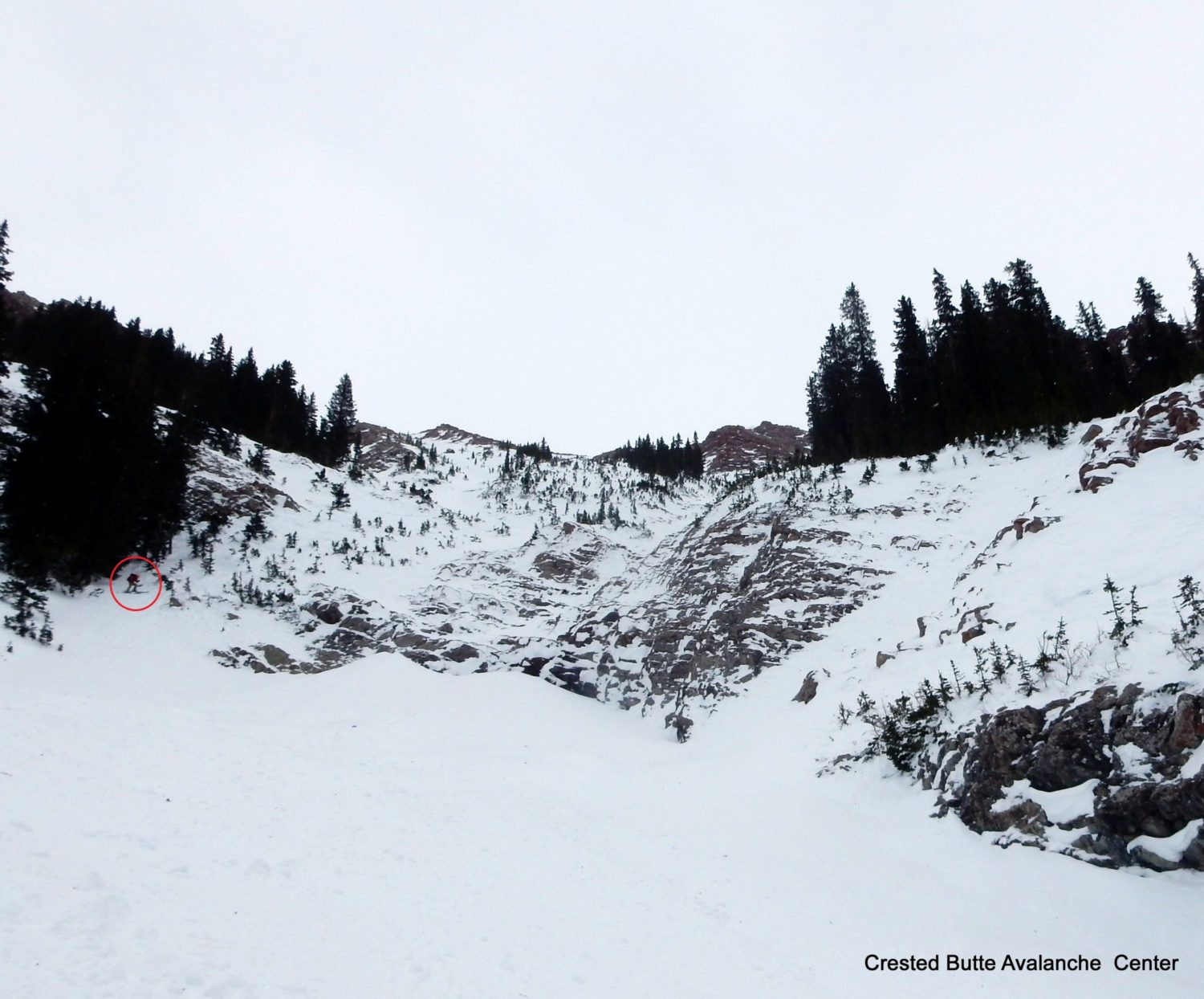 The slide and skier were carried over a cliff band. Skier circled in red for scale. Image: Crested Butte Avalanche Center