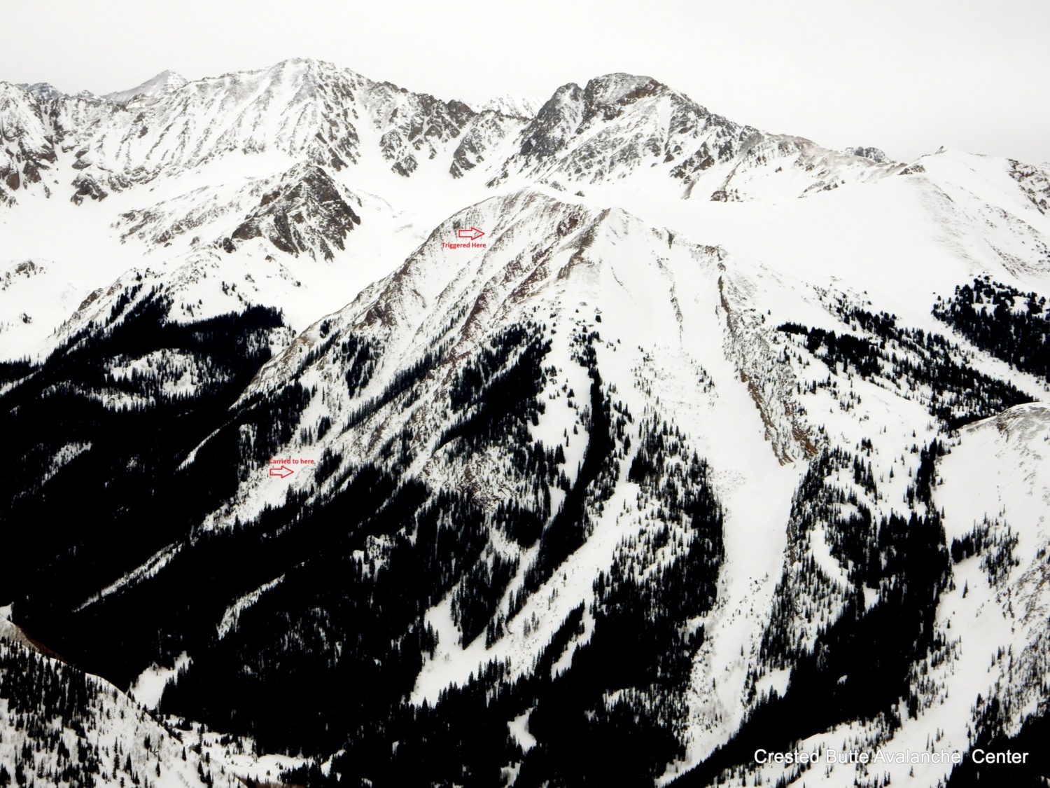 Location of the avalanche, on a sub-ridge of White Mountain above Copper Creek. Image: Crested Butte Avalanche Center