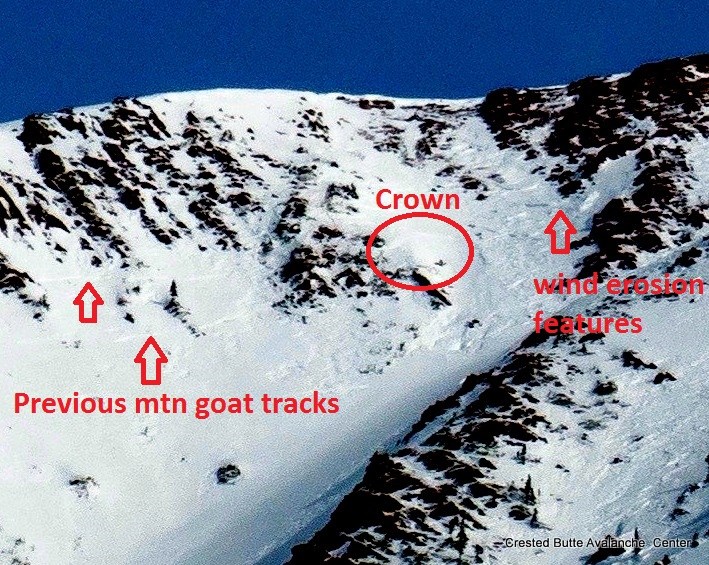 Location of skier triggered hard slab avalanche. Image: Crested Butte Avalanche Center