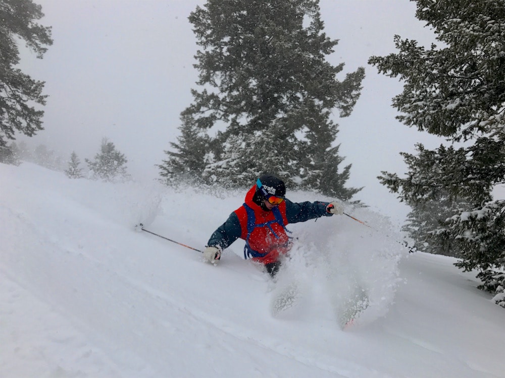 Connery Lundin slashing in the lower Hobacks today. photo: snowbrains