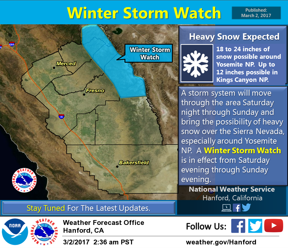 Winter Storm Watch Issued For California 1 2 Feet Of Snow Above