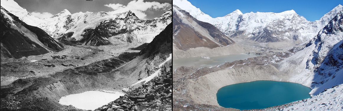 Imja Glacier melt, Himalayas. Images: 1956 picture courtesy of the Association for Comparative Alpine Research, Munich; photo taken by Erwin Schneider. 2007 picture courtesy of the Archives of Alton Byers and the Mountain Institute; photo taken by Alton Byers.