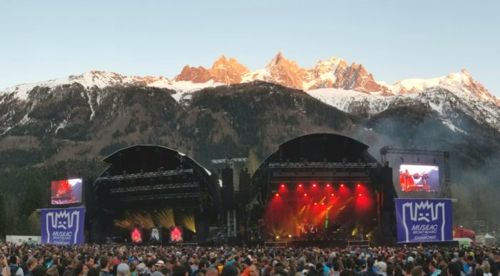 The Musilac Mont-Blanc Stage drawing a full crowd under the backdrop of the Aguille du Midi. Photo: Zeb Blais.