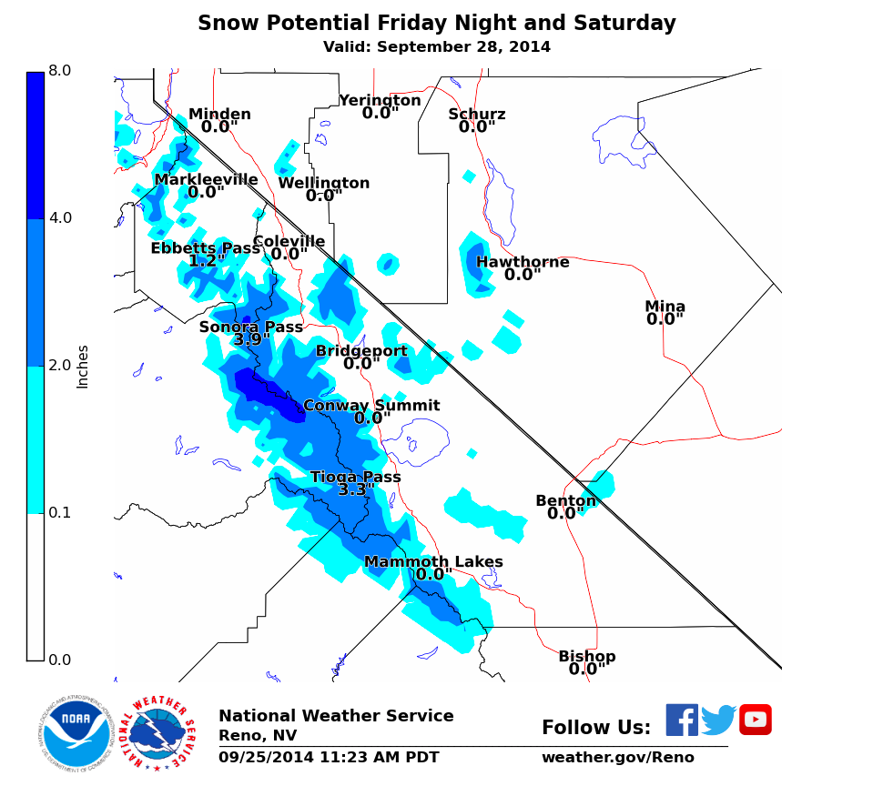 Snow forecast for Friday and Saturday in the Sierra Nevada, CA SnowBrains