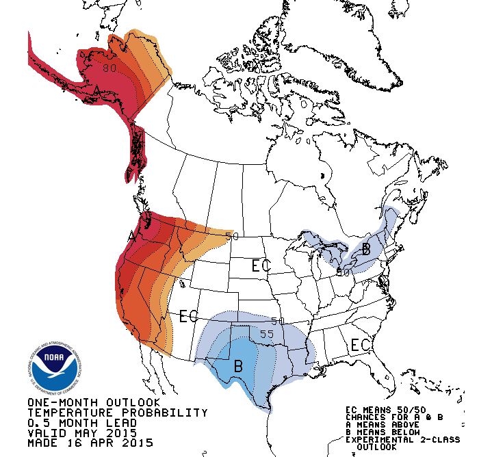 NOAA's outlook for May 2015 showing above average temperatures in the entire Western USA and all of Alaska. NOAA is forecasting below average temperatures in May for Texas, Oklahoma, Louisiana, New Mexico and the extreme Northeast of the USA.