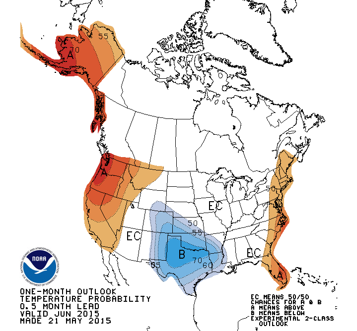 NOAA's June temperature outlook shows above average temperatures for the West Coast, the East Coast, and Alaska. Below average temperatures are forecast in the southcentral region of the USA.