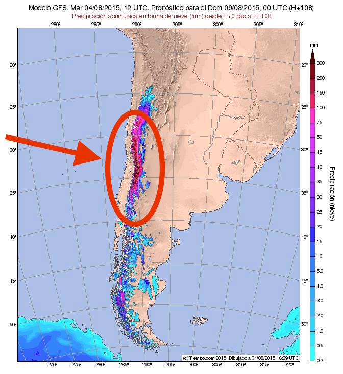 Snow forecast for the Andes mountains of South America showing over 10-feet of snow in central Chile. Arrow and circle indicating central Chile where the ski resorts such as Valle Nevado, El Colorado, and Portillo are forecast to get huge amounts of snow.