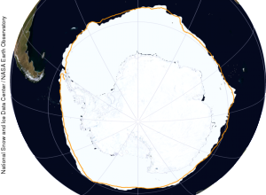 Antarctic sea ice extent on September 22 compared to 1981-2010 median depicted by orange curve (NSIDC)