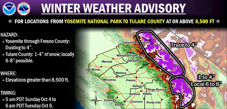 1-4" of snow forecast for Yosemite. 6-8" forecast for the big mountains down south.